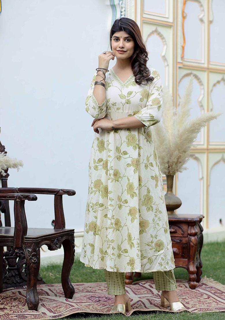 Green Printed Cotton Anarkali Set