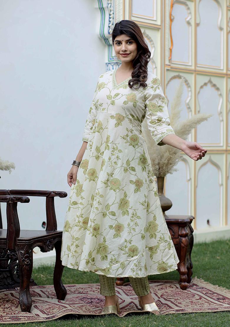 Green Printed Cotton Anarkali Set