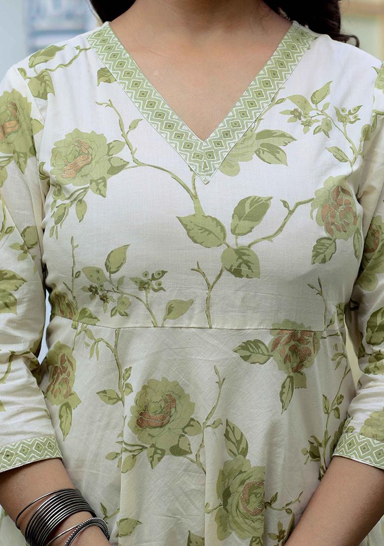 Green Printed Cotton Anarkali Set