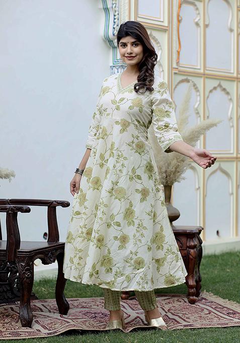 Green Printed Cotton Anarkali Set