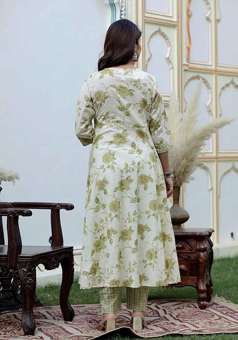 Green Printed Cotton Anarkali Set