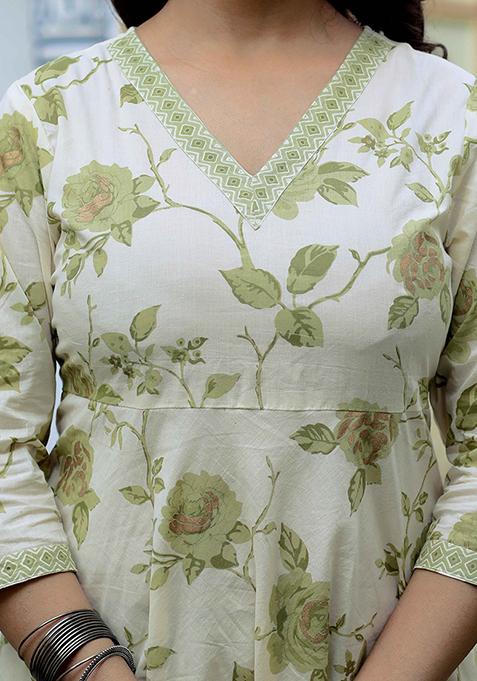 Green Printed Cotton Anarkali Set