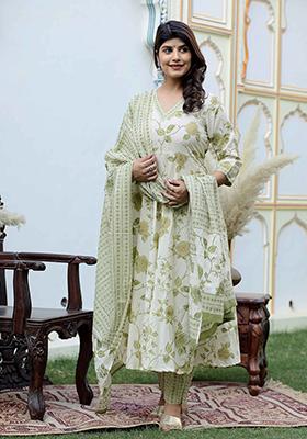 Green Printed Cotton Anarkali Set
