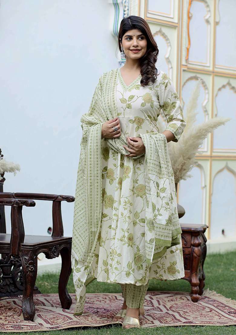 Green Floral Print Cotton Anarkali Set - Indya