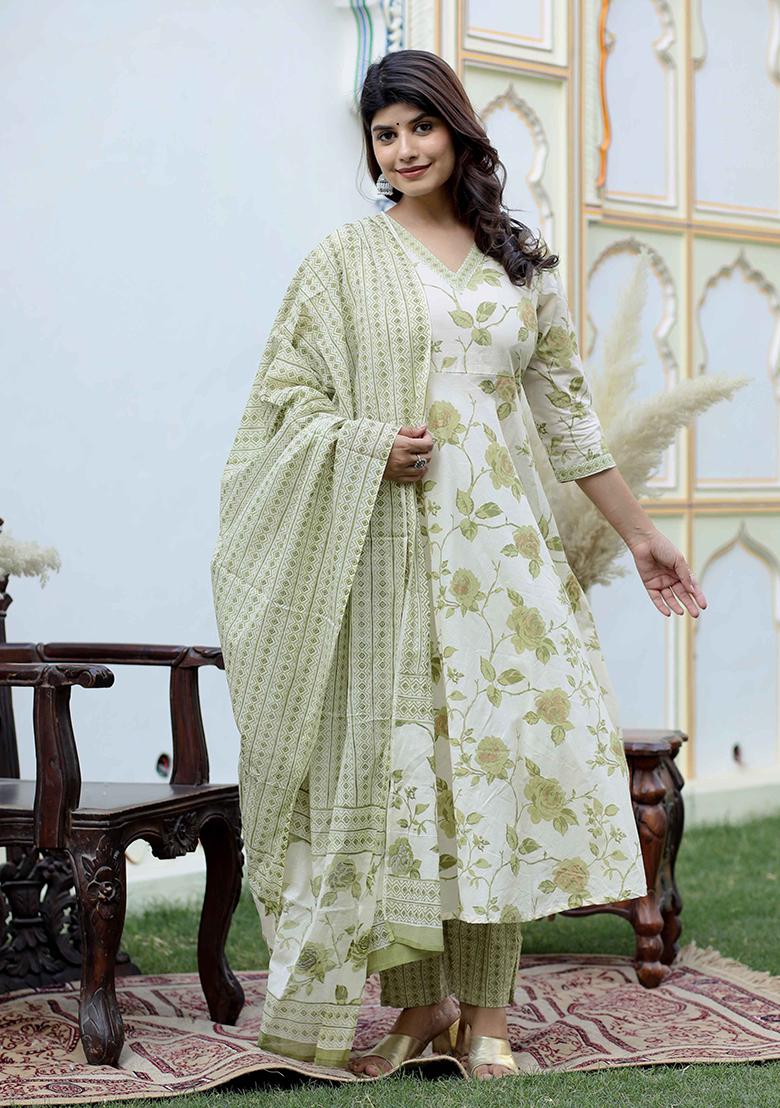Green Printed Cotton Anarkali Set