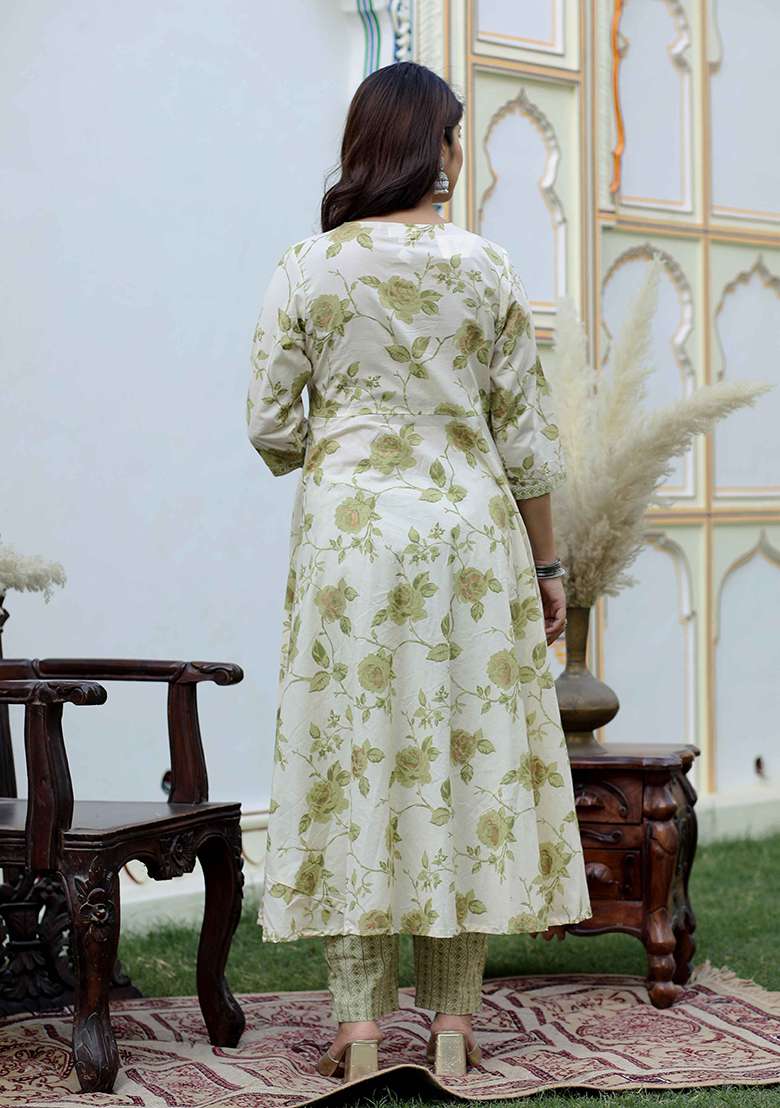 Green Floral Print Cotton Anarkali Set - Indya