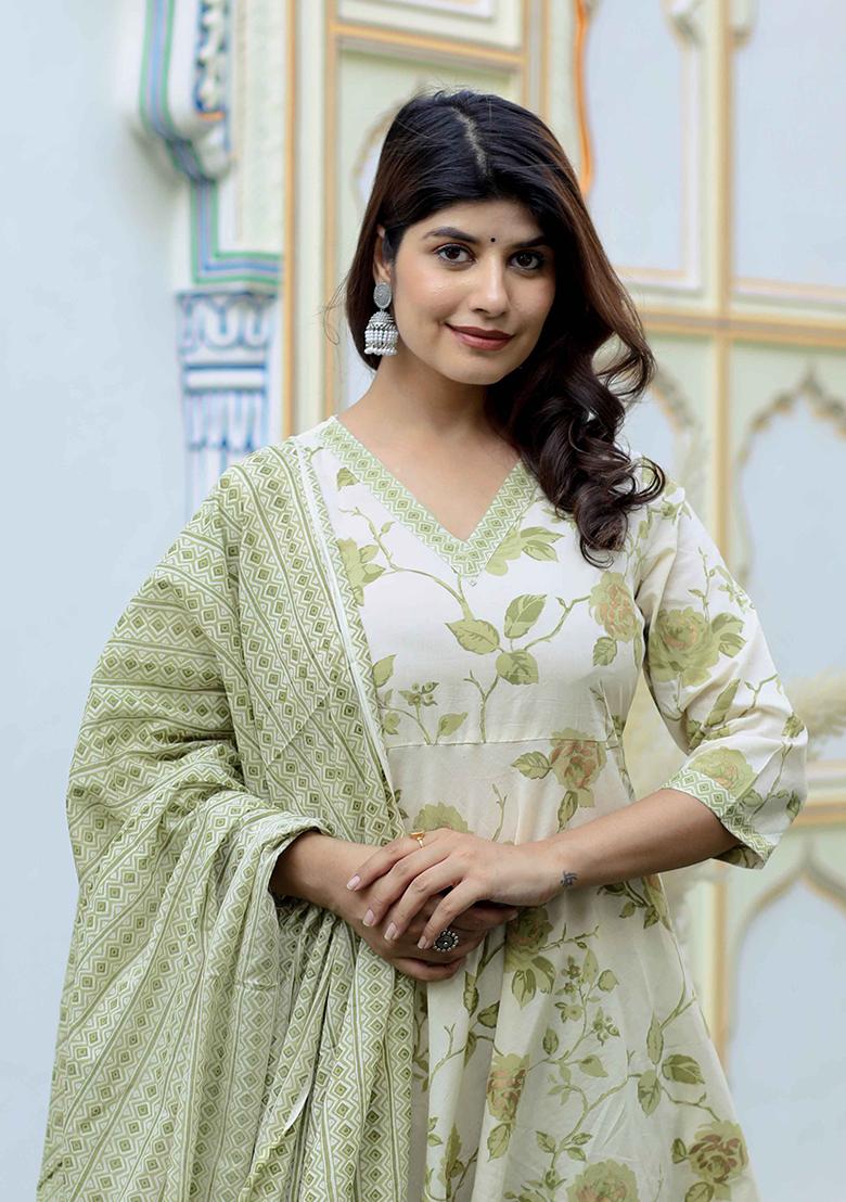 Green Printed Cotton Anarkali Set