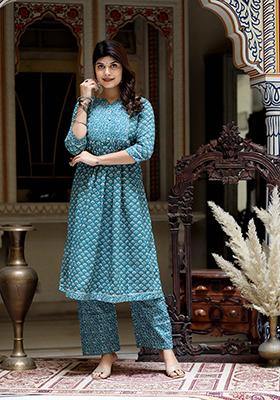 Blue Printed Cotton Salwar Kameez