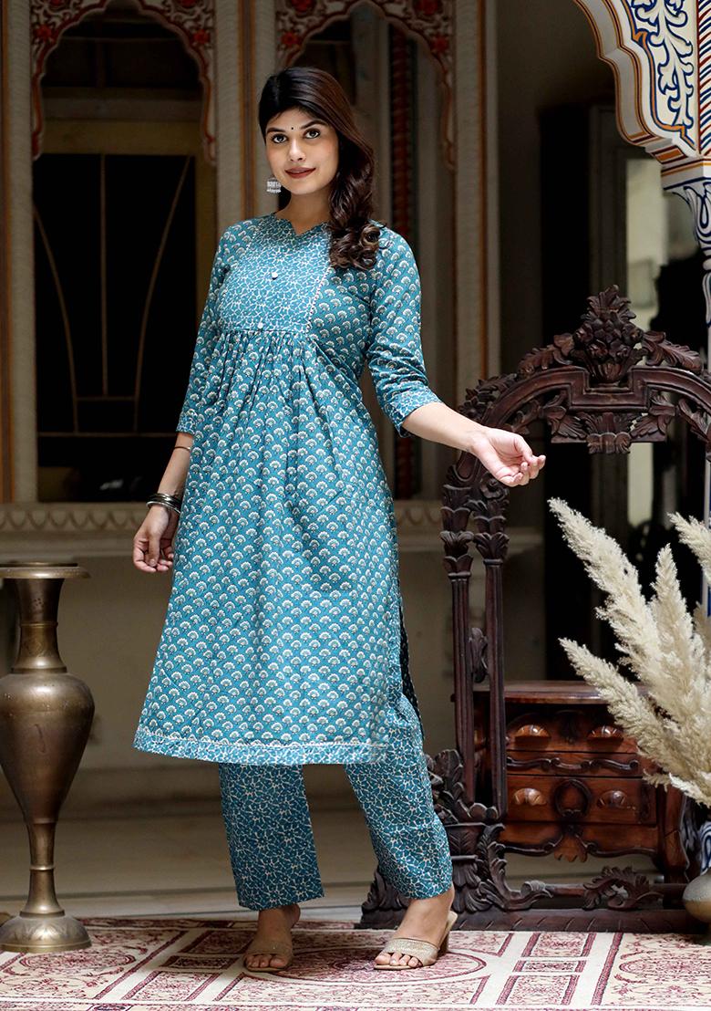 Blue Printed Cotton Salwar Kameez