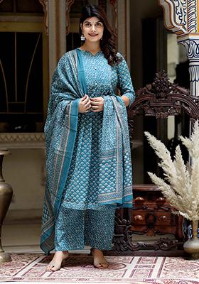 Blue Printed Cotton Salwar Kameez