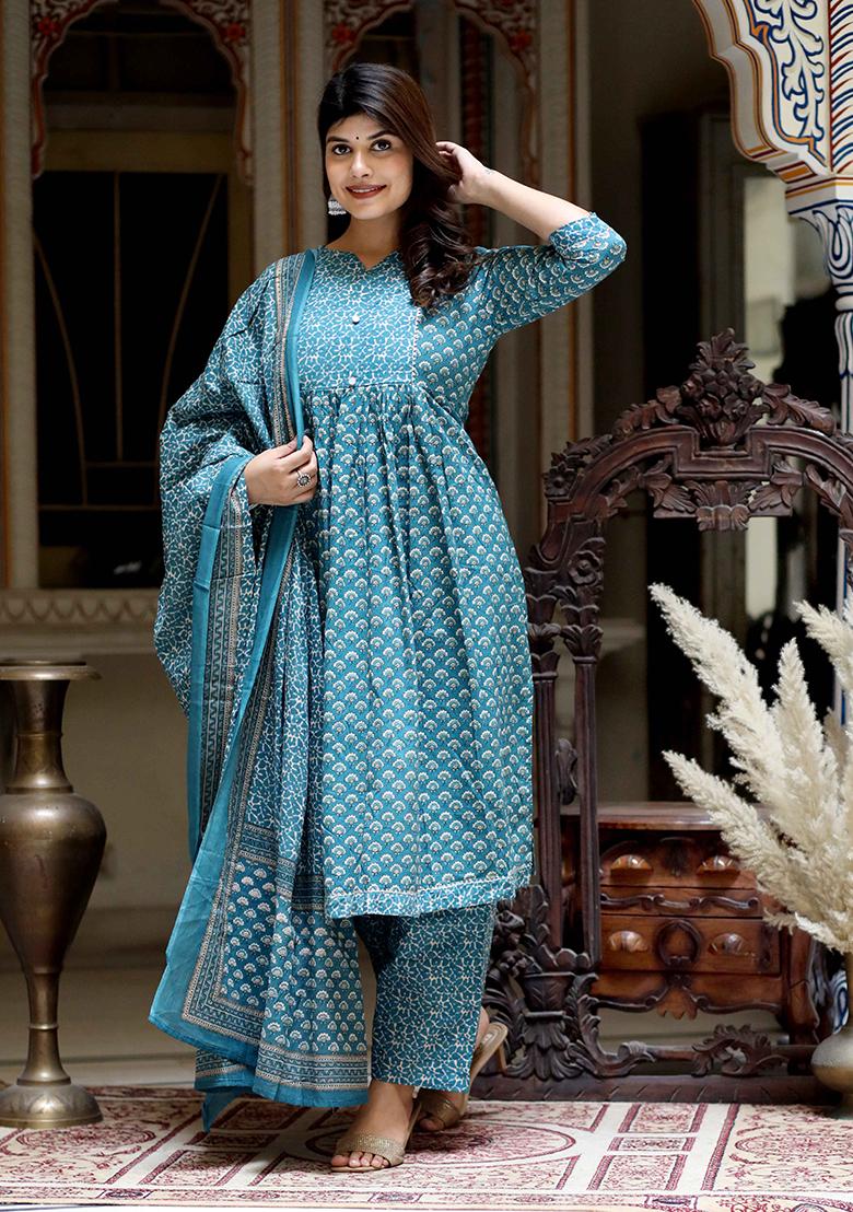 Blue Printed Cotton Salwar Kameez