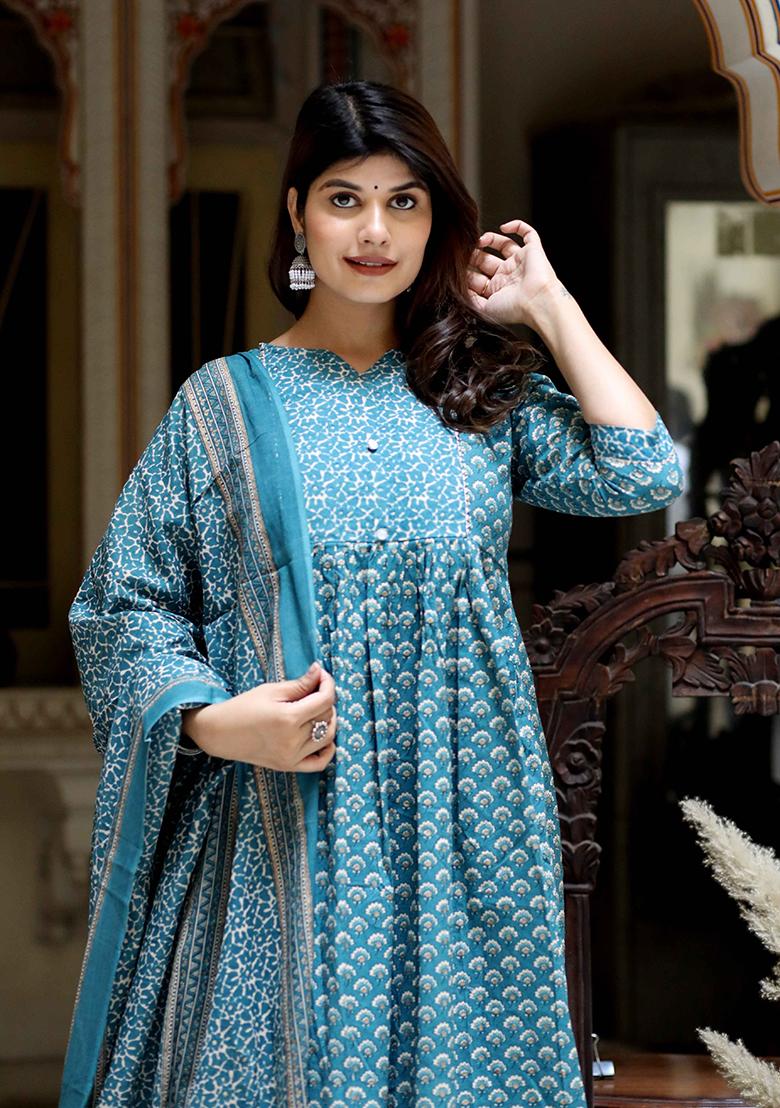 Blue Printed Cotton Salwar Kameez