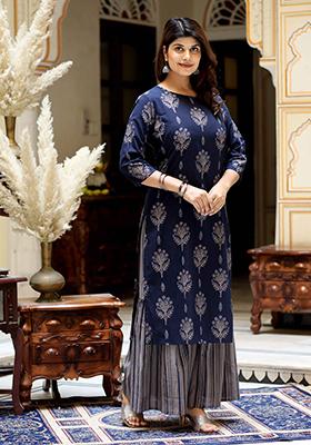 Blue Printed Cotton Sharara Set