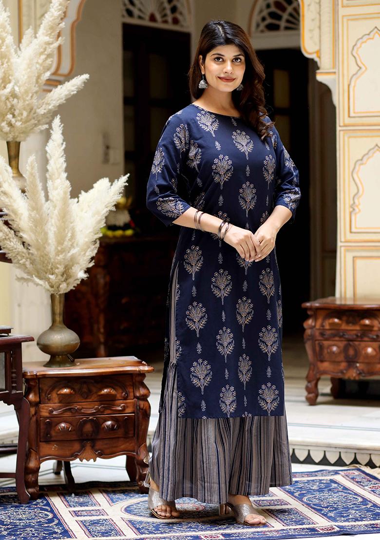 Blue Printed Cotton Sharara Set