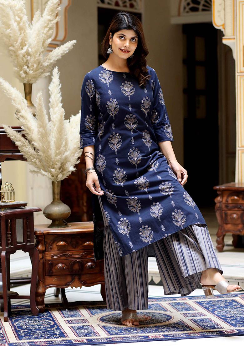 Blue Printed Cotton Sharara Set