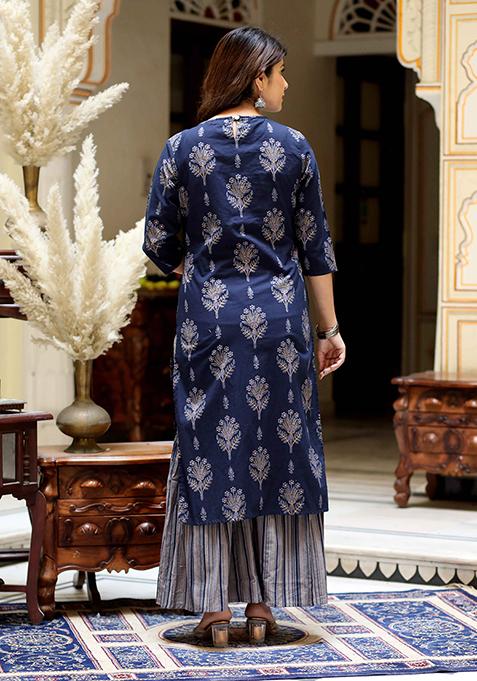Blue Printed Cotton Sharara Set