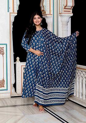 Blue Printed Cotton Anarkali Set