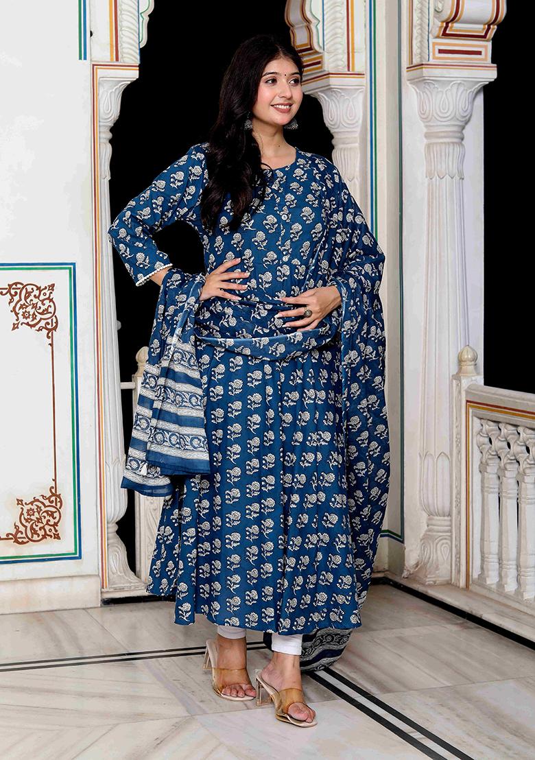Blue Printed Cotton Anarkali Set