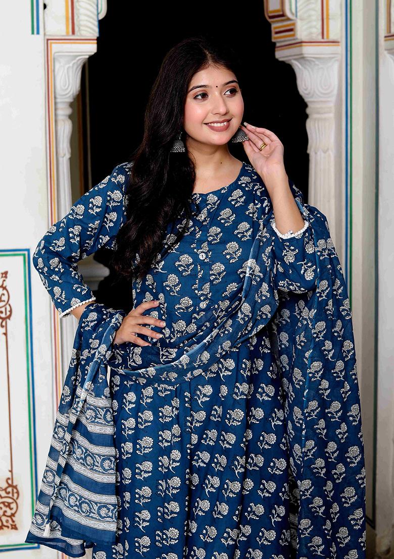 Blue Printed Cotton Anarkali Set