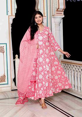 Pink Printed Cotton Anarkali Set
