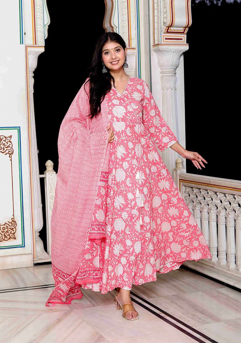 Pink Printed Cotton Anarkali Set - Indya