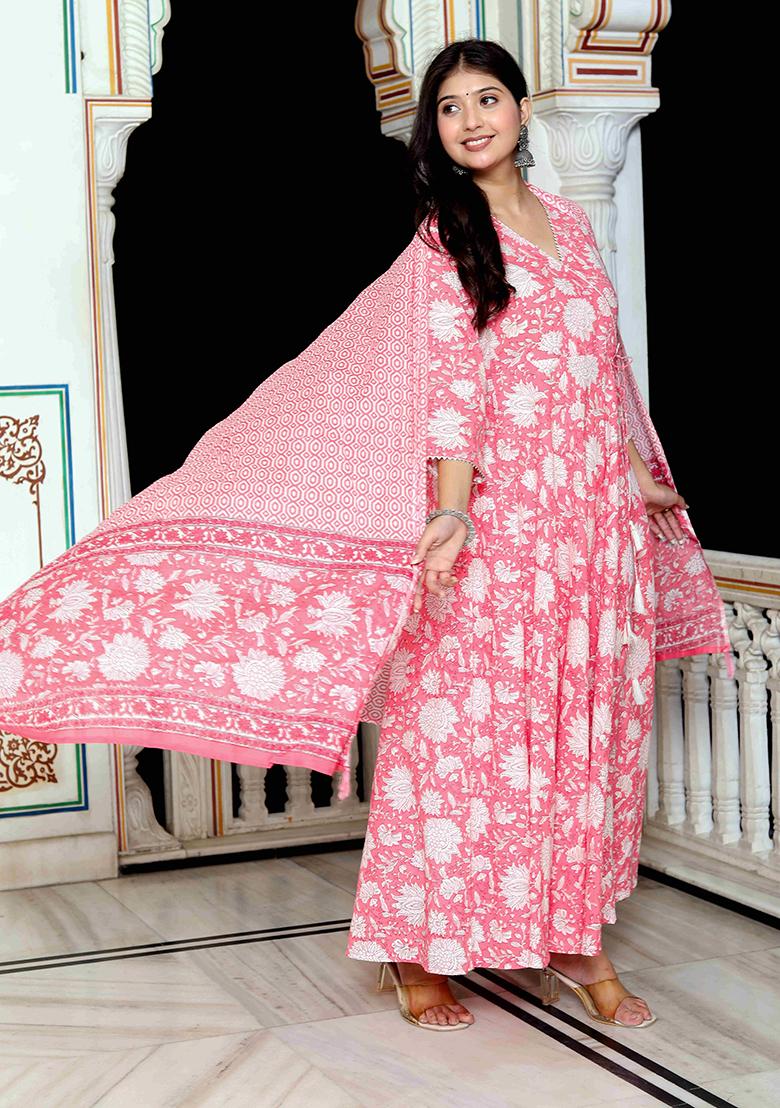 Pink Printed Cotton Anarkali Set