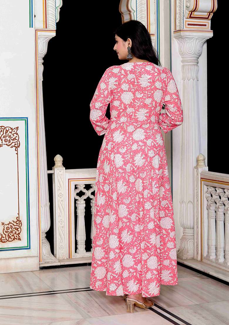 Pink Printed Cotton Anarkali Set - Indya