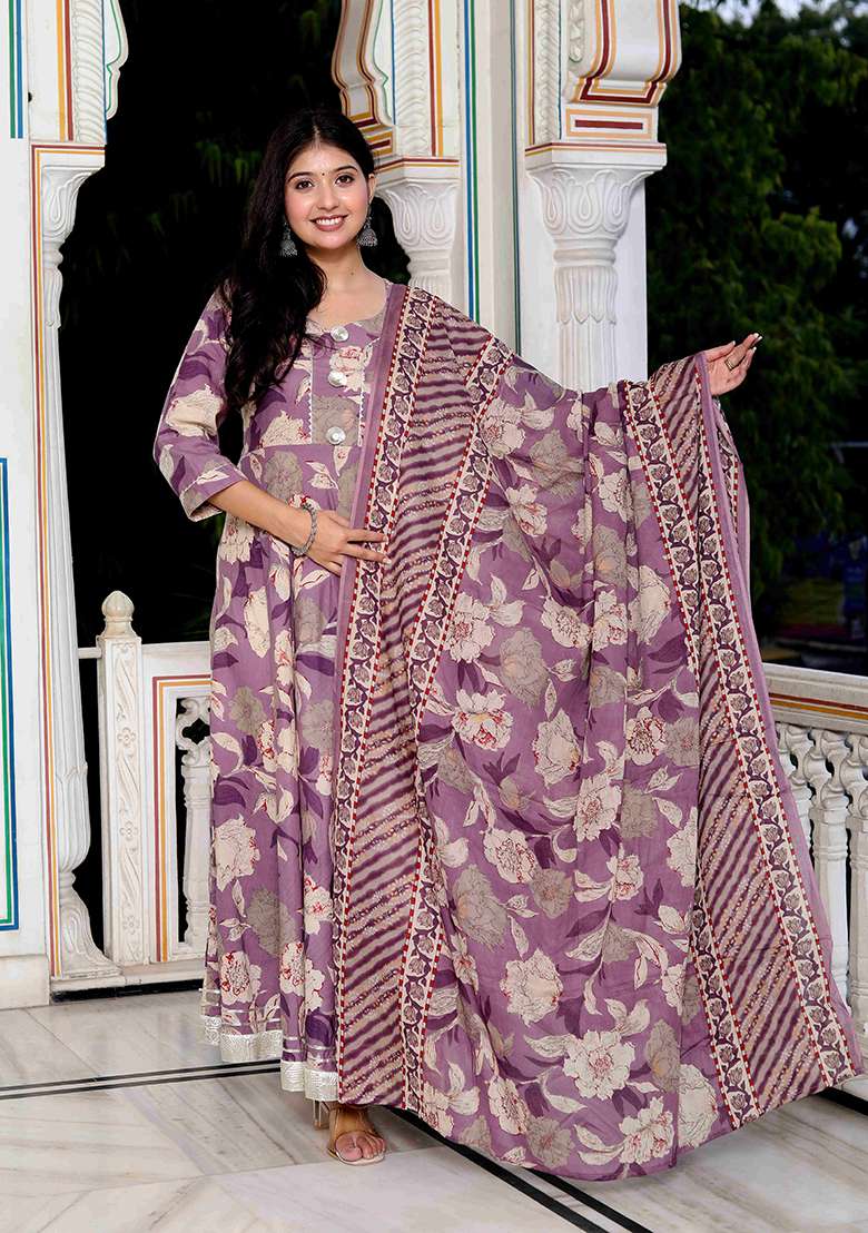 Purple Floral Print Cotton Anarkali Set - Indya