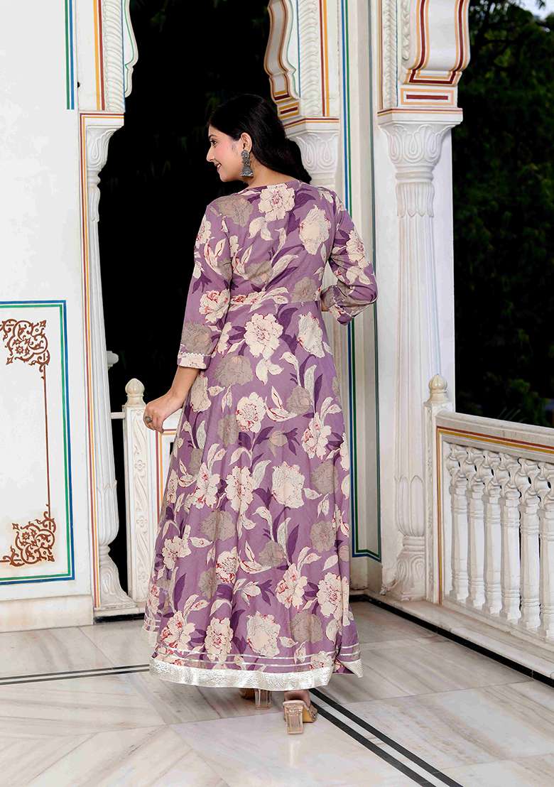 Purple Floral Print Cotton Anarkali Set - Indya