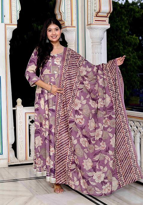 Purple Floral Print Cotton Anarkali Set