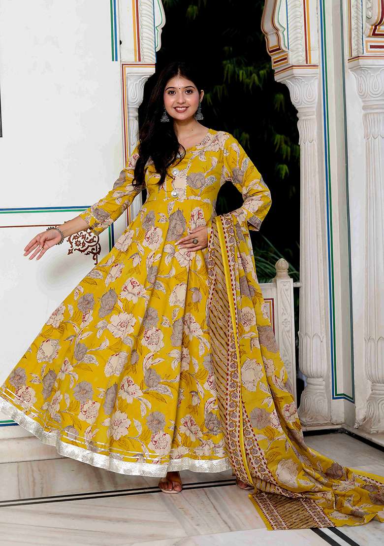 Yellow Floral Print Cotton Anarkali Set - Indya