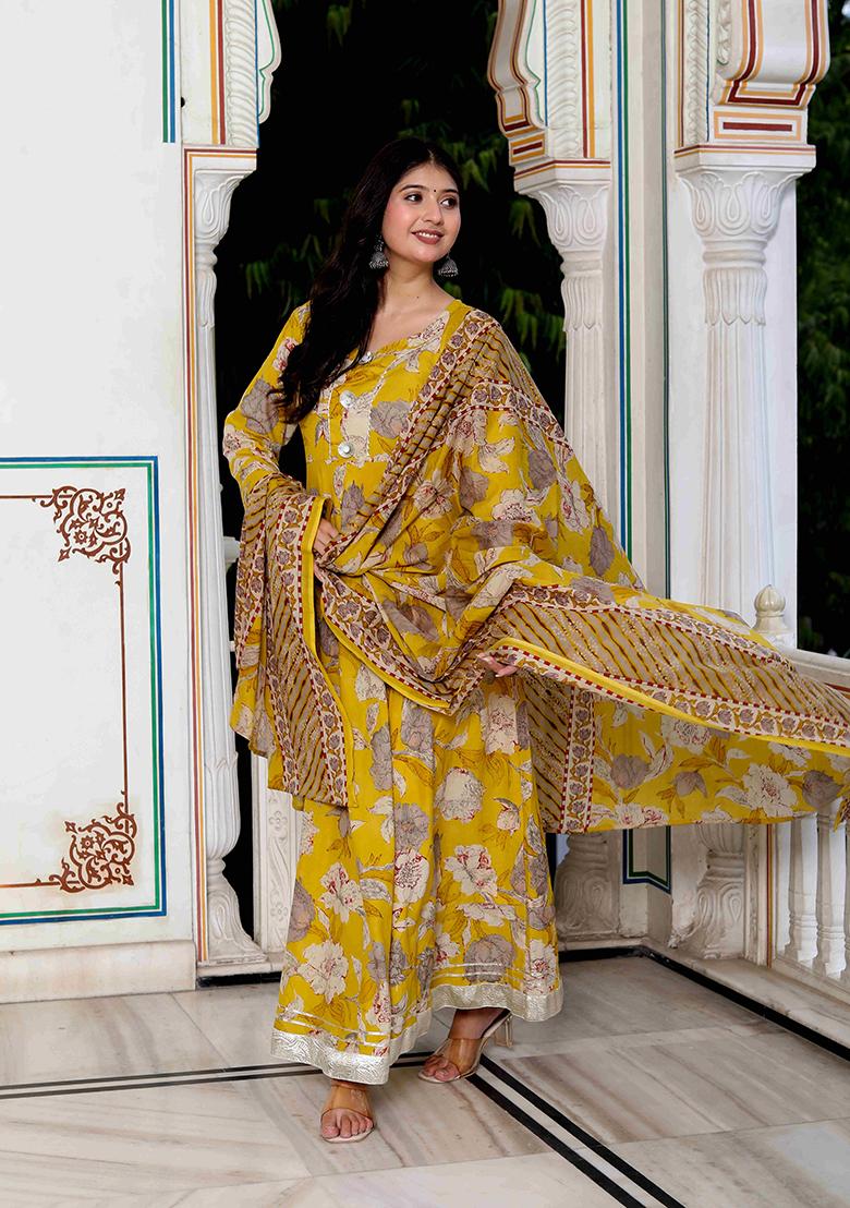 Yellow Gota Patti Cotton Anarkali Set