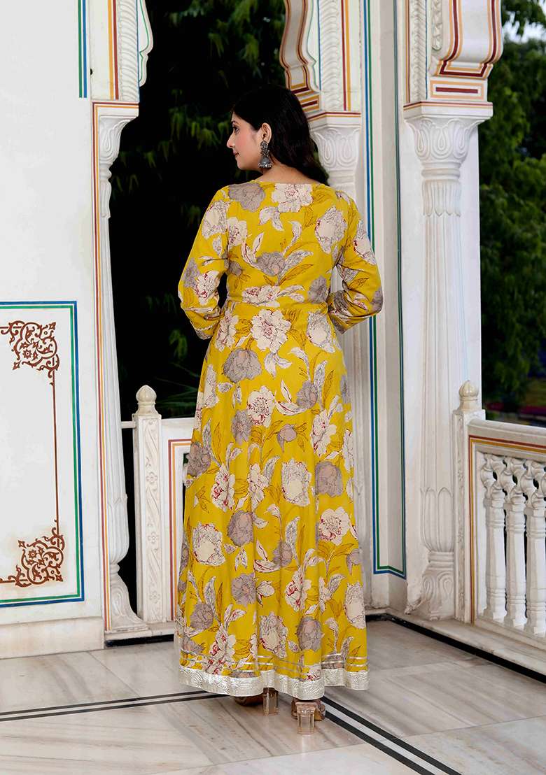 Yellow Floral Print Cotton Anarkali Set - Indya