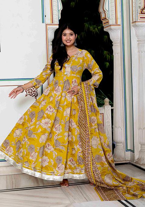 Yellow Gota Patti Cotton Anarkali With Dupatta