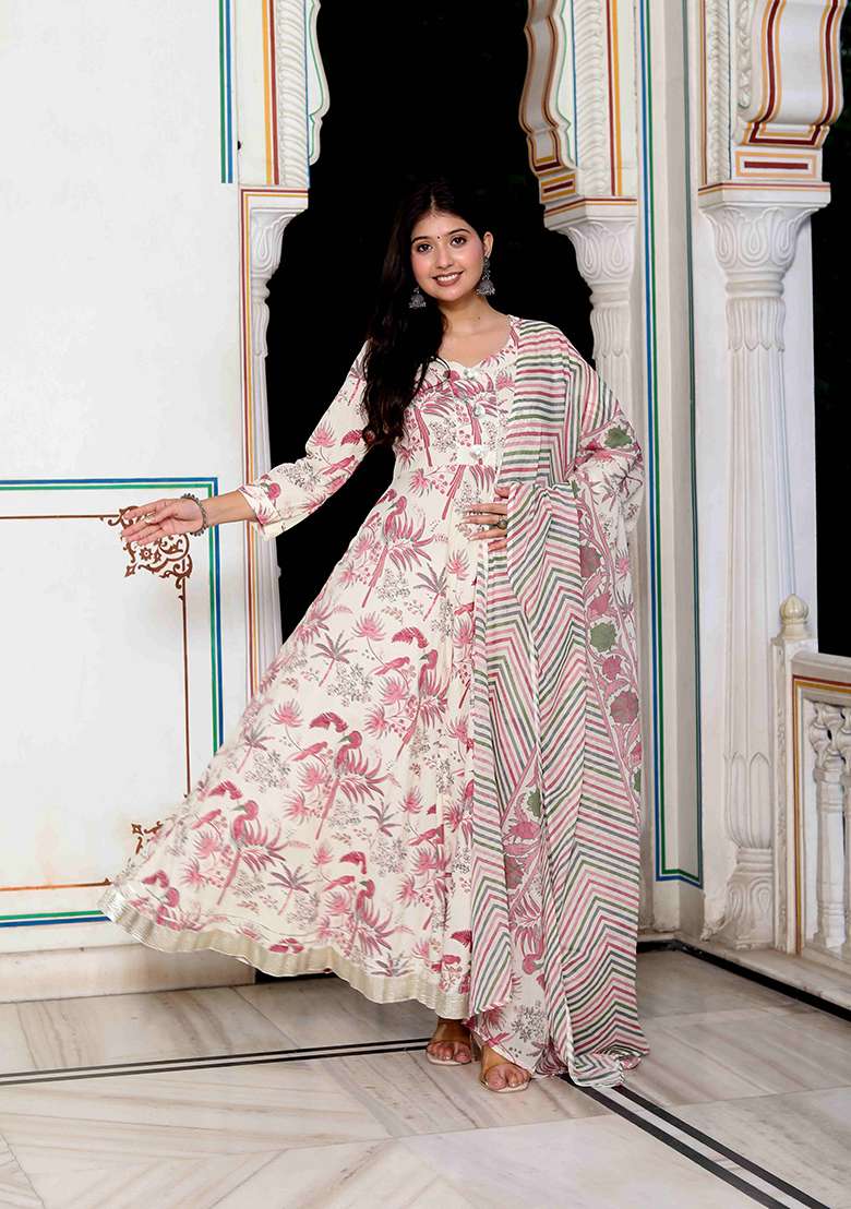 Light Pink Printed Cotton Anarkali Set - Indya