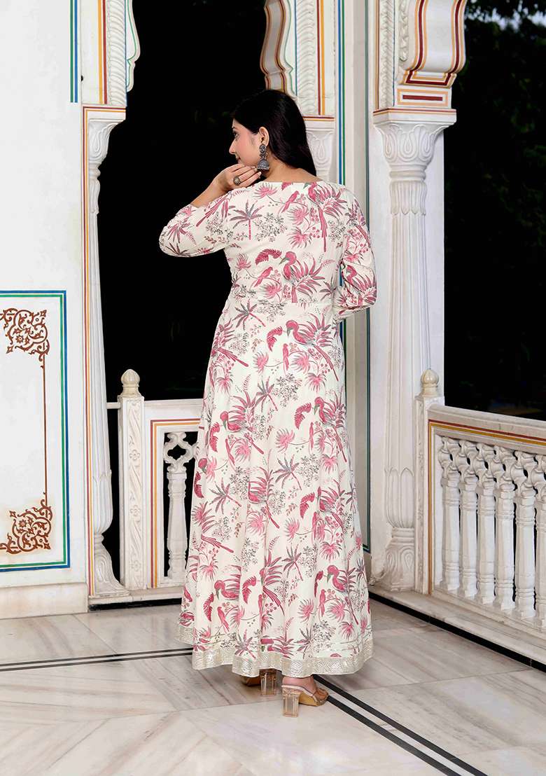 Light Pink Printed Cotton Anarkali Set - Indya