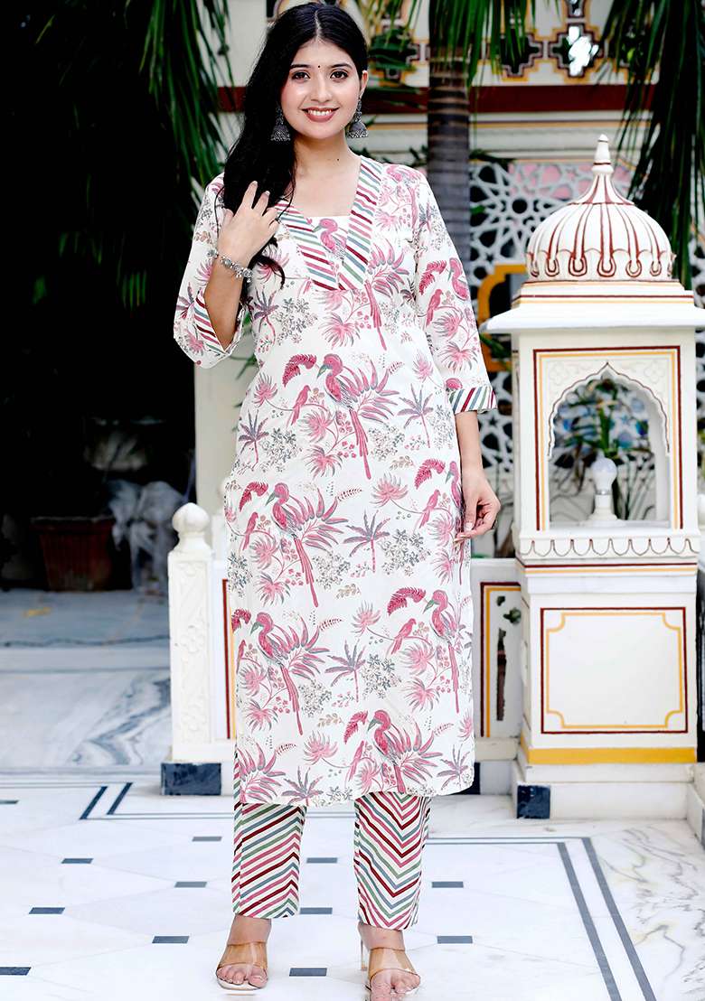 Light Pink Printed Cotton Straight Kurta Set - Indya