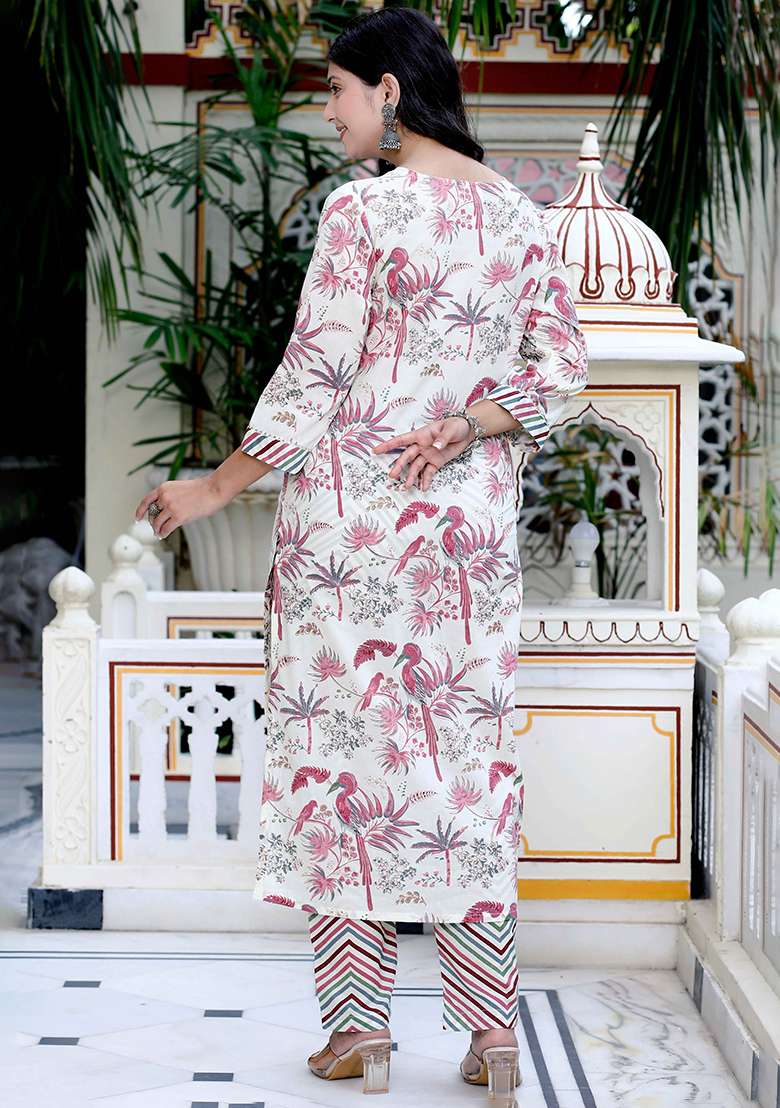 Light Pink Printed Cotton Straight Kurta Set - Indya
