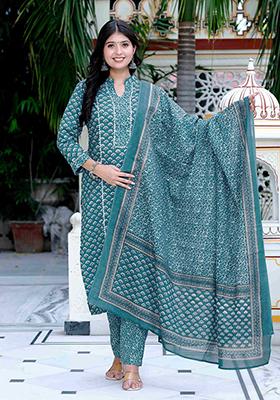 Blue Printed Cotton Salwar Kameez