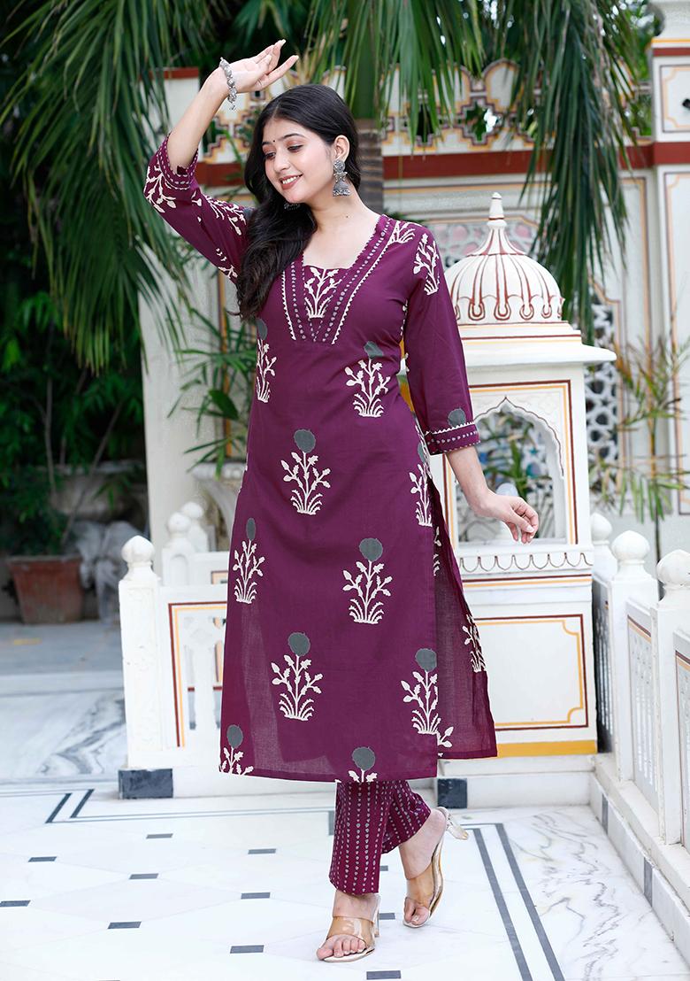 Purple Printed Cotton Salwar Kameez
