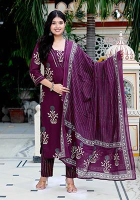Purple Printed Cotton Salwar Kameez