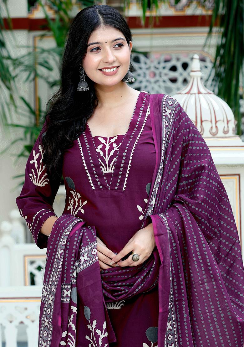 Purple Printed Cotton Salwar Kameez