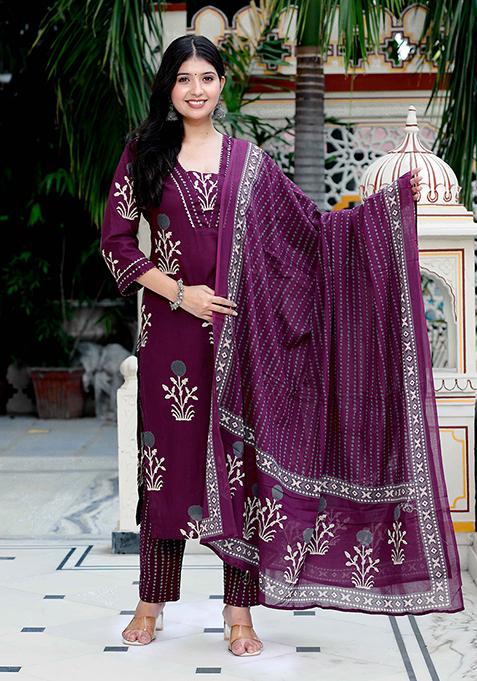 Purple Printed Cotton Salwar Kameez