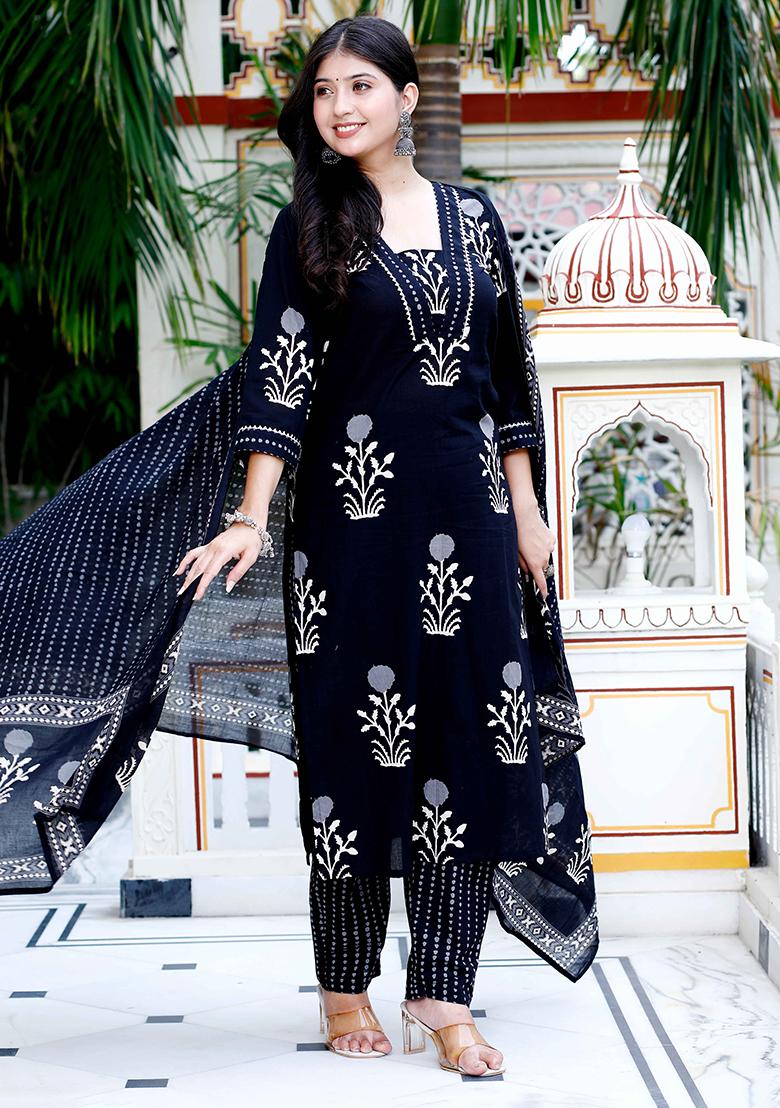 Black Printed Cotton Salwar Kameez