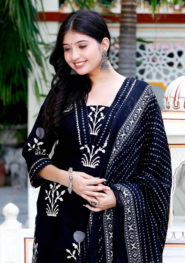 Black Printed Cotton Salwar Kameez