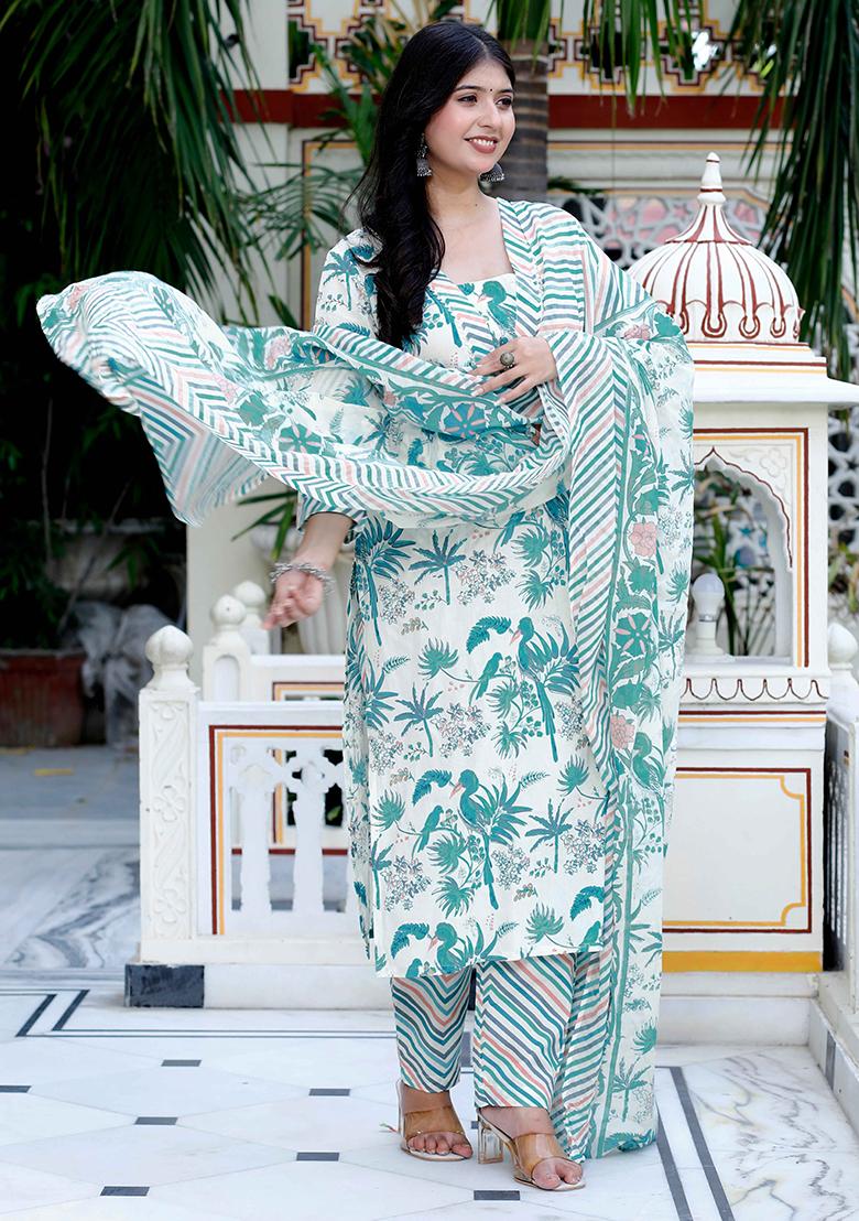 Light Green Printed Cotton Salwar Kameez