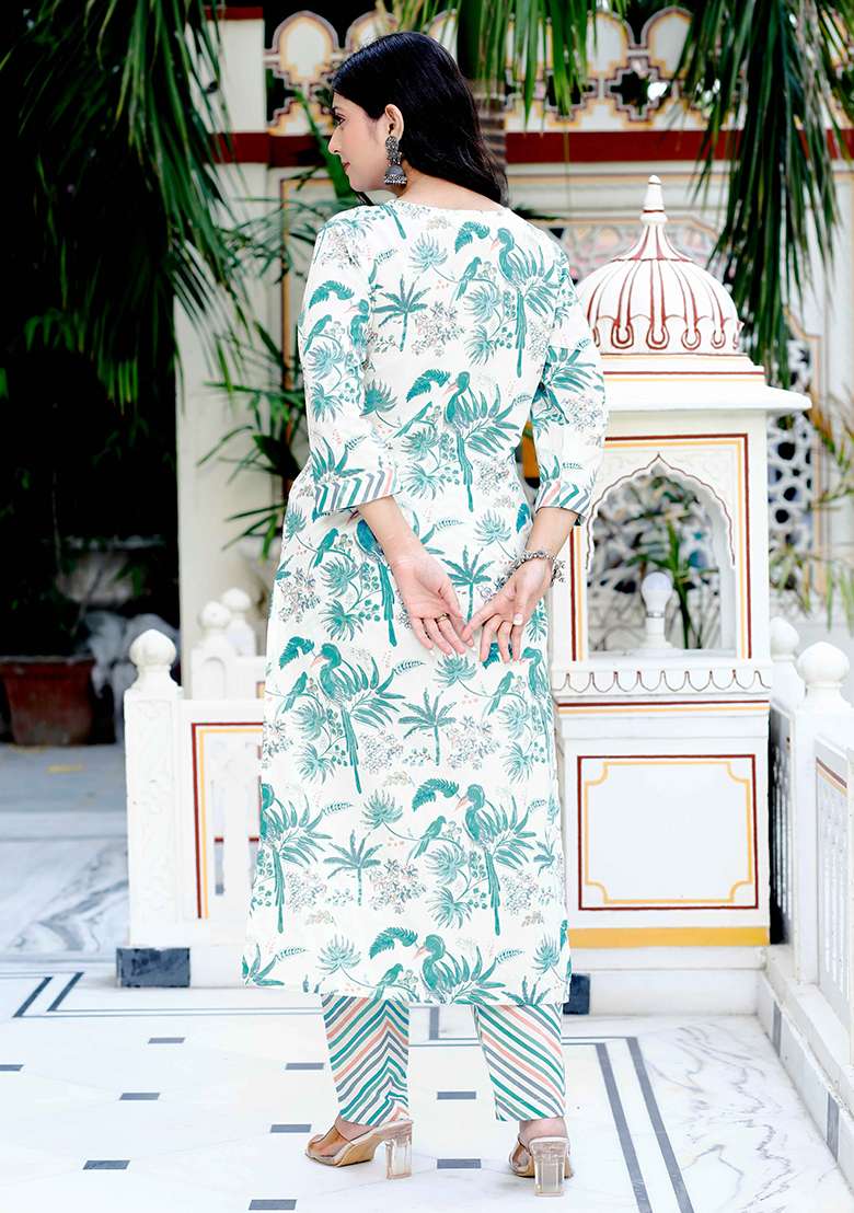 Light Green Printed Cotton Straight Kurta Set - Indya