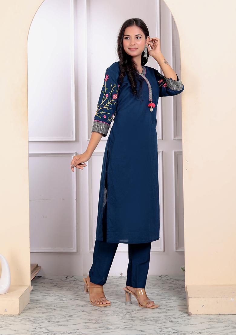 Blue Resham Embroidered Cotton Salwar Kameez