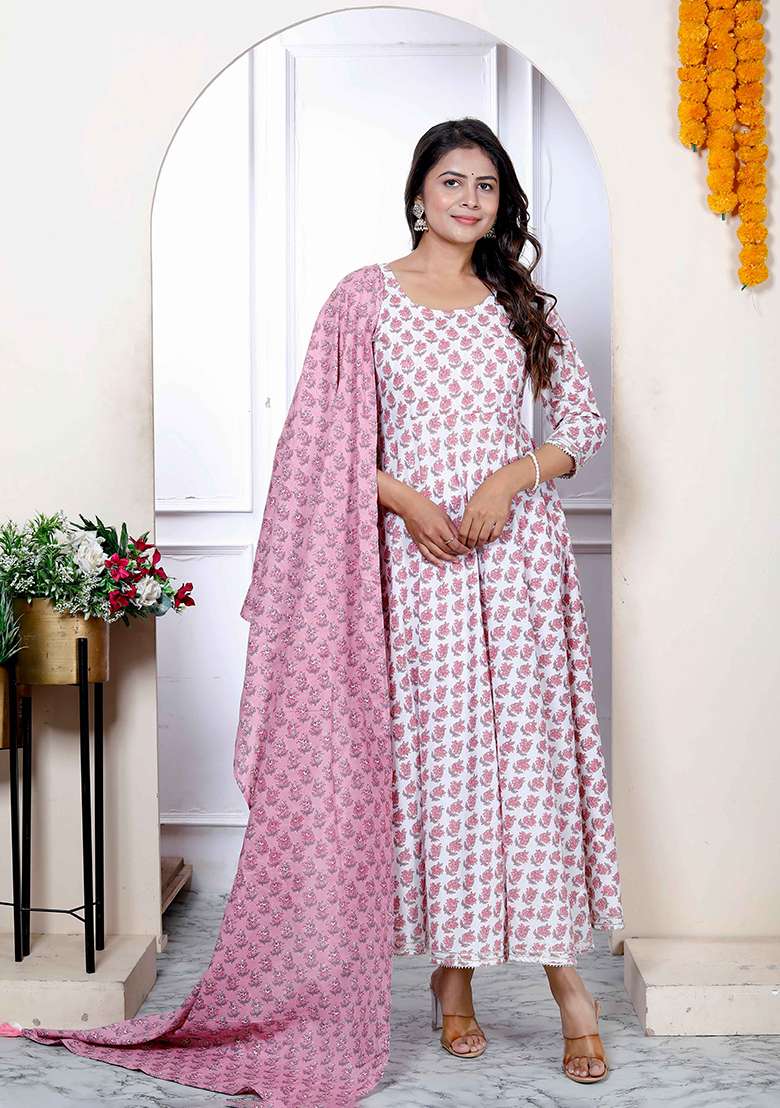 Pink Printed Cotton Anarkali Set - Indya