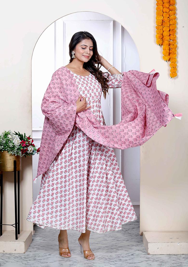 Pink Printed Cotton Anarkali Set